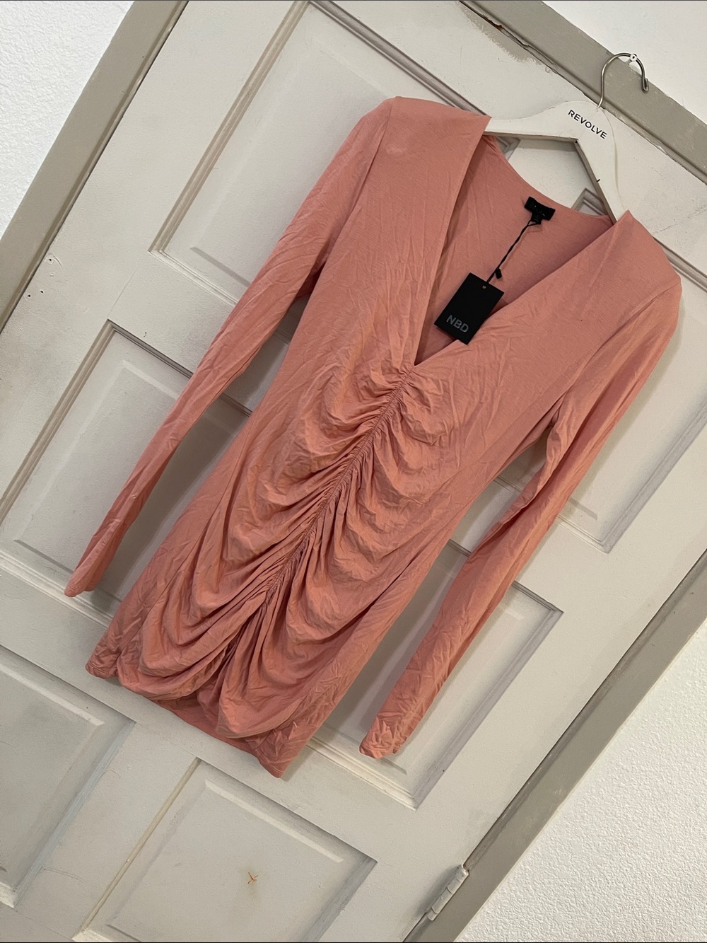 NBD Rose Ruched V-Neck Long Sleeve Mini Dress